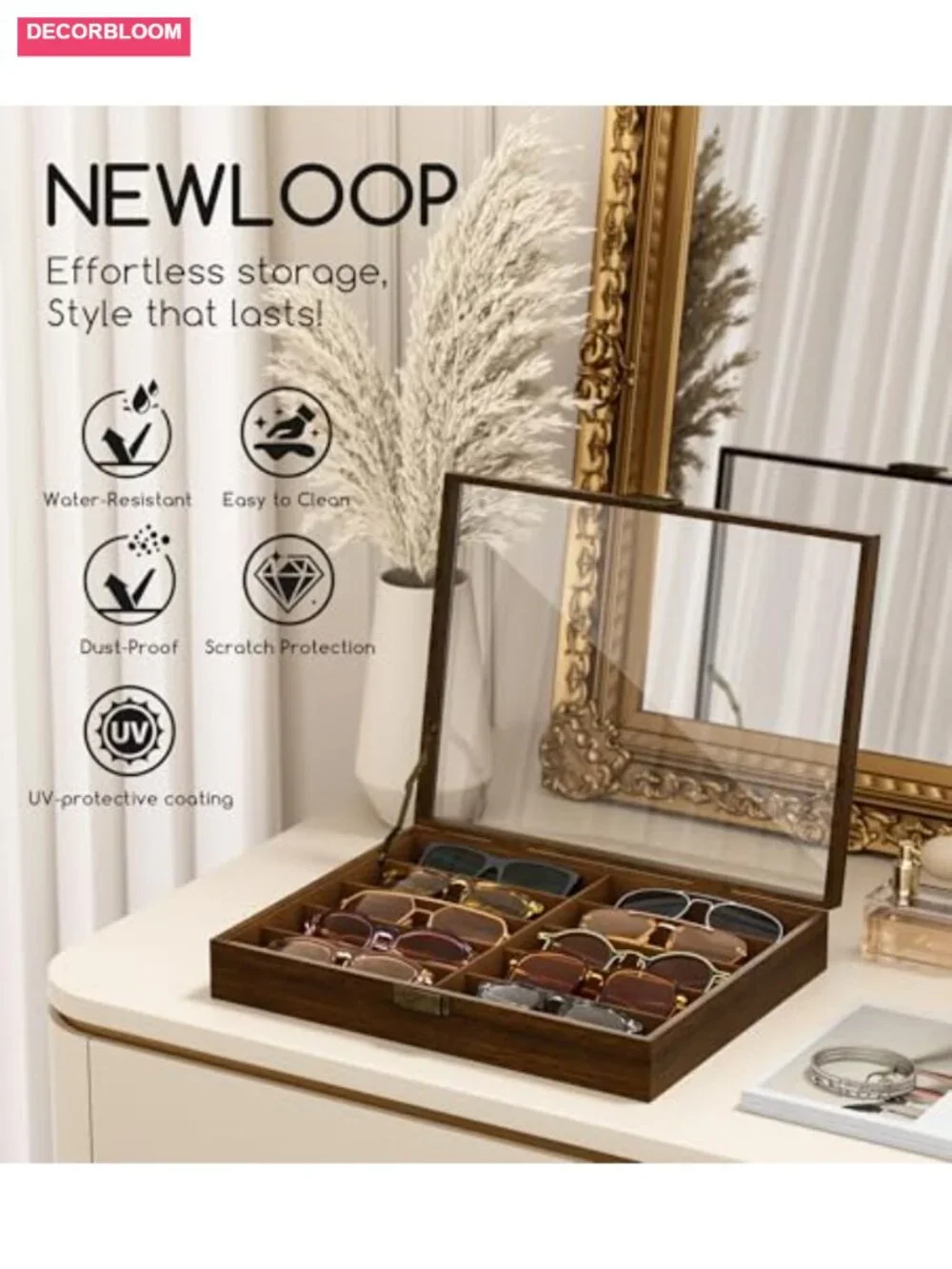 10-Slot Wooden Sunglass Organizer Case with Glass Top